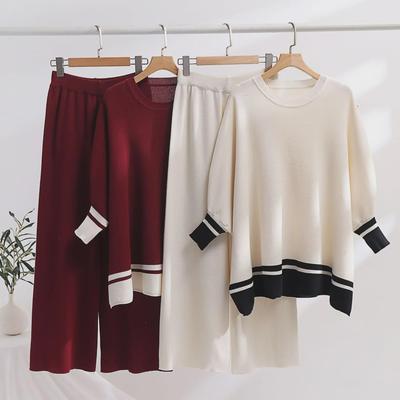 Dámská pletená dvoudílná sada slim-fit: Kalhoty se širokými nohavicemi a vysoce elastický top s dlouhým rukávem