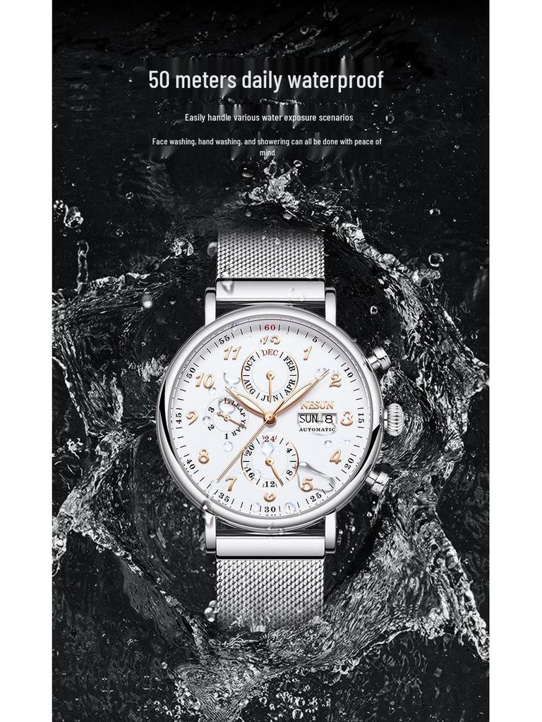 NESUN Herren Automatische Mechanische Uhr, Multifunktionale Wasserdichte Leder-Stahl Armbanduhr 9029