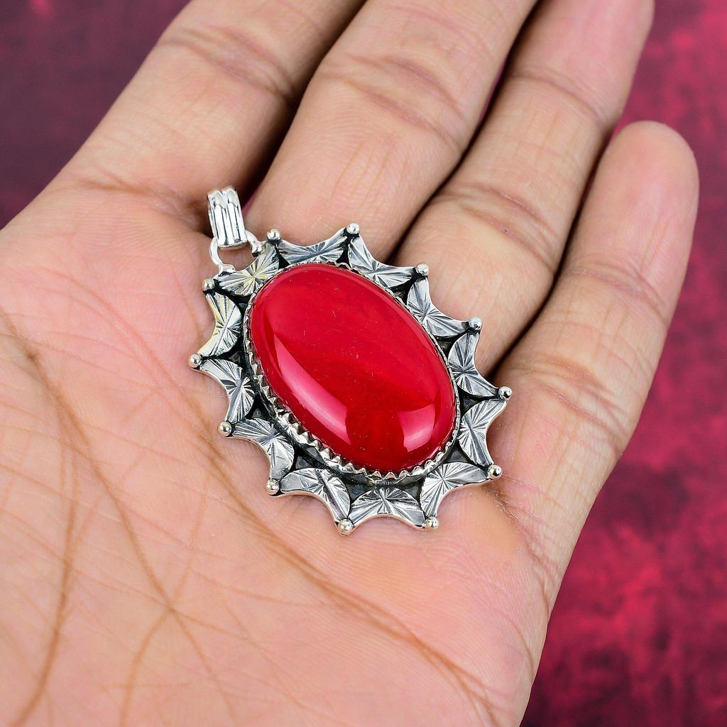 Red Coral Handmade Gemstone Pendant, 925 Solid Sterling Silver Pendant Antique Jewelry, For Engagement Gift