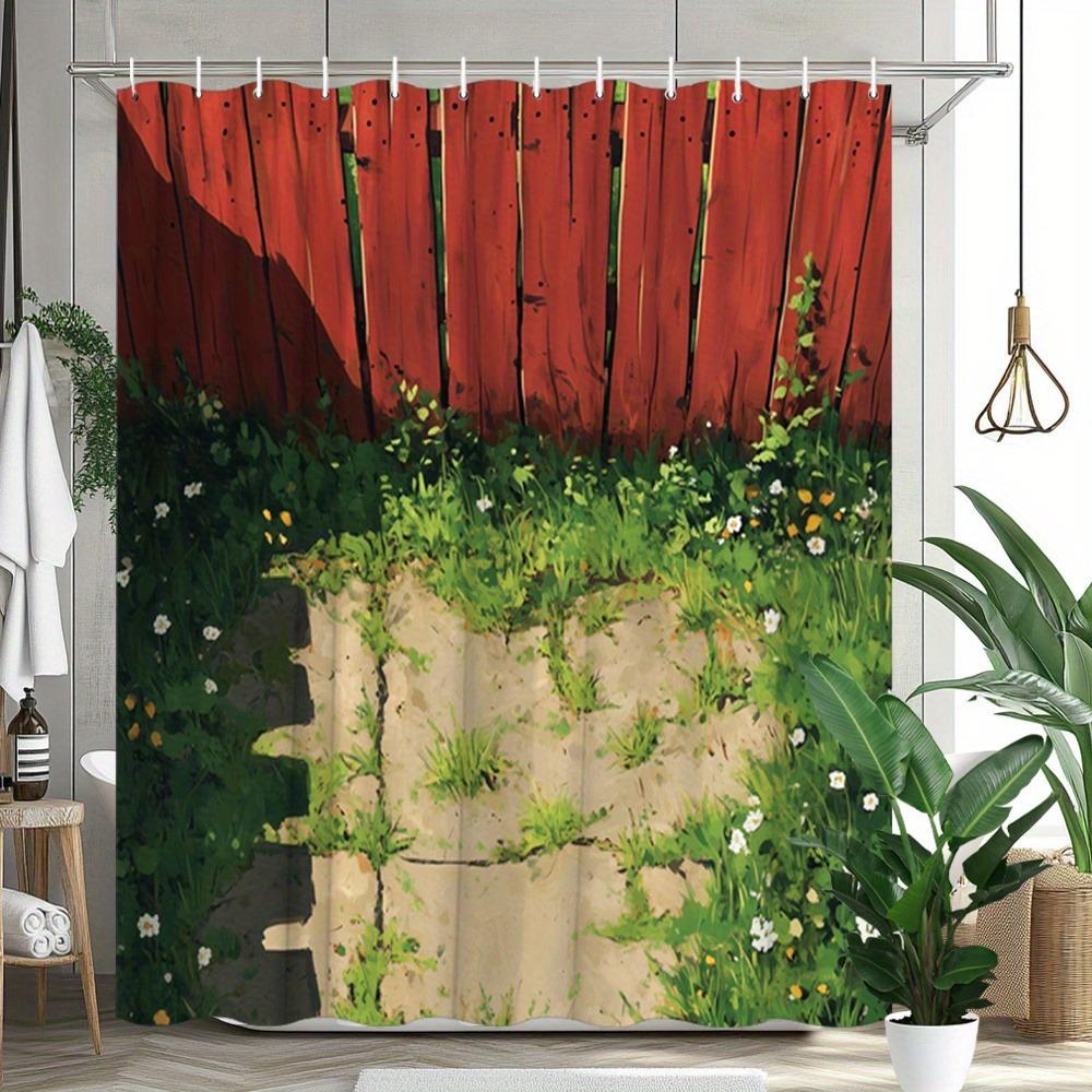 

Red Wooden Fence Plants Shower Curtain Washable Dirt-Resistant Shower Head Waterproof Polyester Bath Curtain For Home Decor W60H190(CM)-1 Pcs