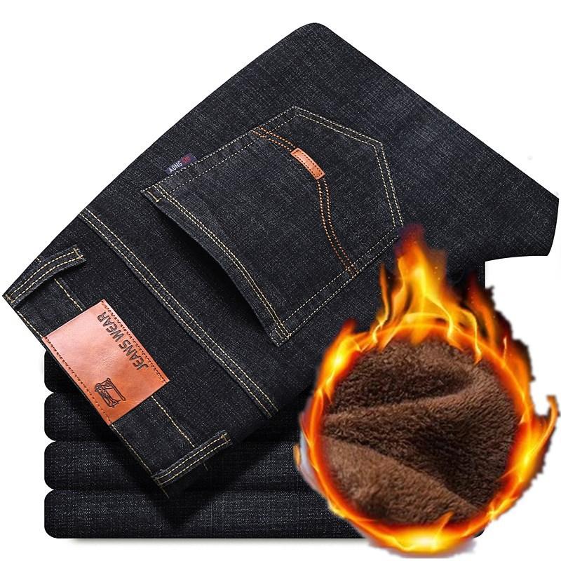 Autumn and Winter Velvet Jeans Men's Loose Straight Trousers High Waist Casual Elastic Men's Pants Warm Thickened Warm