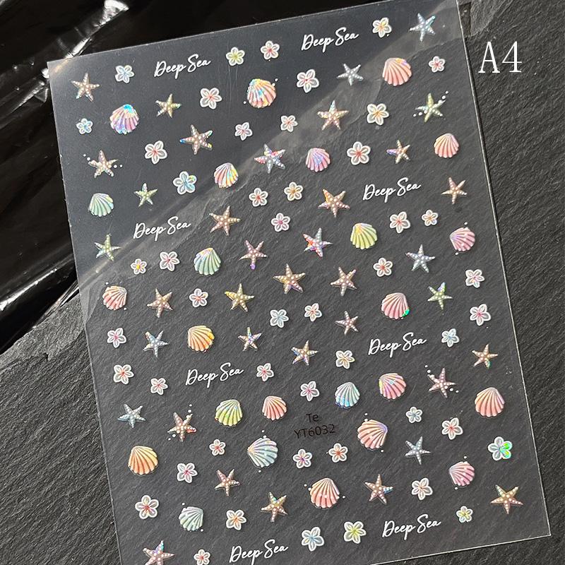 Summer Beach Jellyfish Nail Stickers Colorful Shell Starfish Conch Fish Adhesive Embossed Decals Manicure Foils for Decor