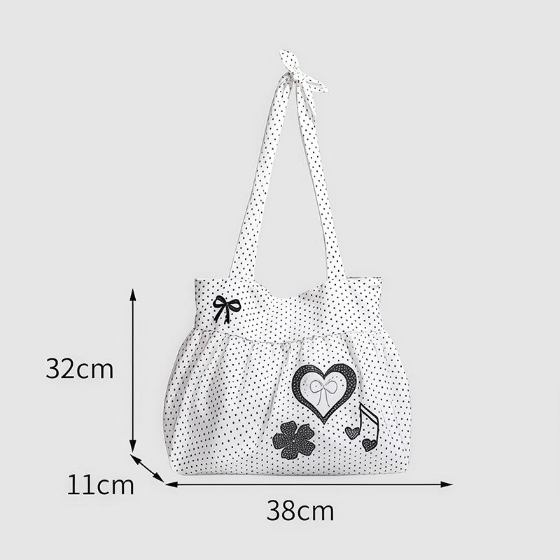 Korean Polka Dot Shoulder Bag Women's Nylon Tote Bag Cute Bow Love Note Printed Tote Bag Skirt Design Magnetic Buckle Armpit Bag