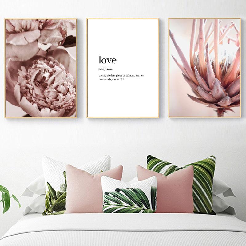 Pink Wall Art Peony Flowers Posters Pictures Quotes Bedroom Wall Decorative Prints Wall Painting for Living Room Decor Art
