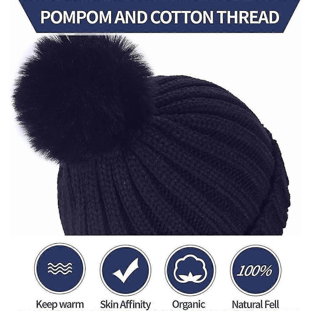 Winter Beanie Hat With Large Faux Fur Bobble Pom Pom Winter Fur Knitted Hat For Outdoor Camping Ski Caps