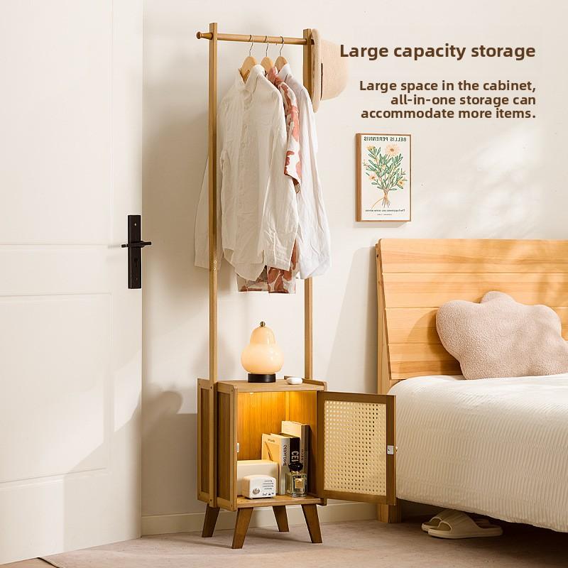 Bedroom Small Apartment Solid Wood Floor with Drawers, Bedside Table, Integrated Hanger, Household Coat Rack with Bedside Table