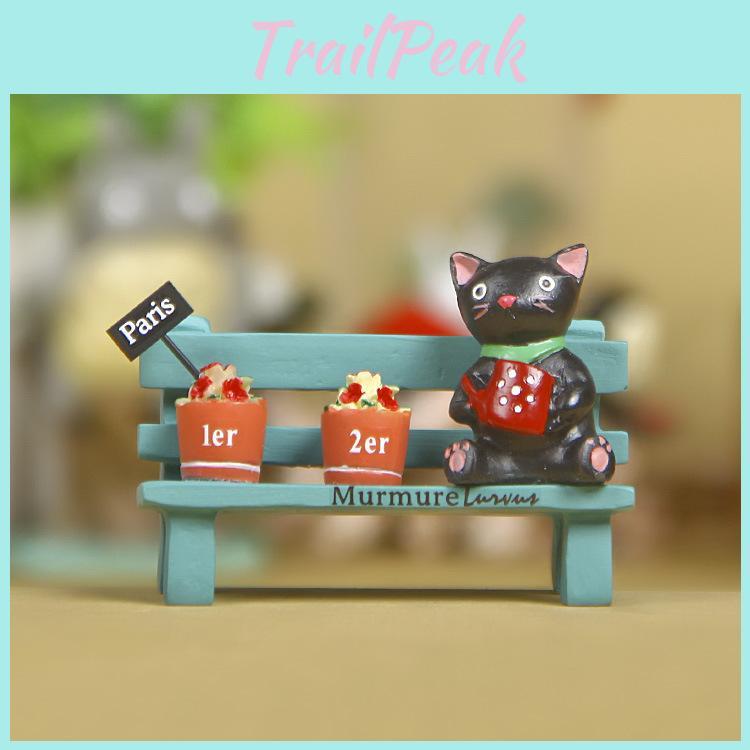 Cute Black Cat Sitting On Bench Watering Flowers Desktop Figurine With Planting Scene For Office Decor And Gift
