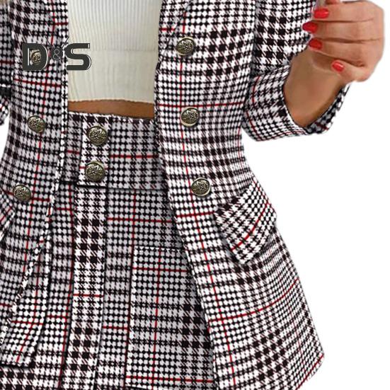 2 Pcs/Set Coat Skirt Set Flower Check Print Color Matching Long Sleeve High Waist OL Style Formal Commute Suit Lady Jacket Skirt Set