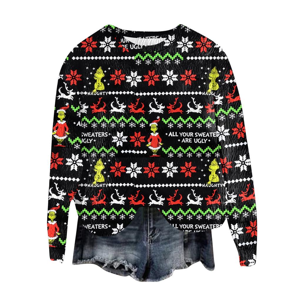 Women's Fashion Round Neck Pullover Top Long Sleeve Tee Christmas Printed Sweatshirt