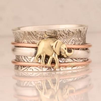 Vintage Hand Carved Elephant Wide Women's Ring Three Color Metal Geometry Daily Wear Party Jewelry Anniversary Gift