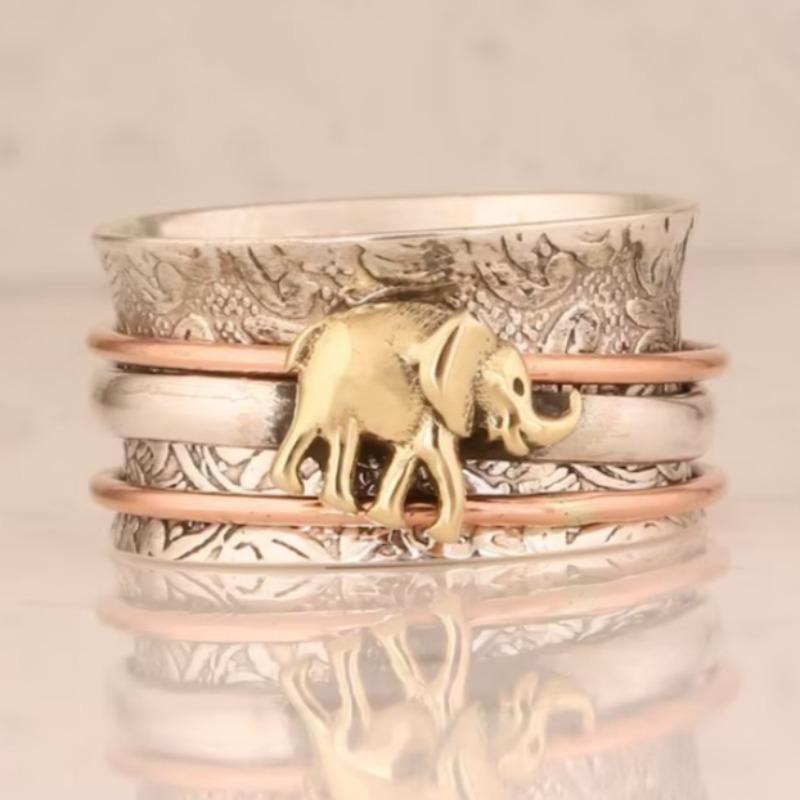 Vintage Hand Carved Elephant Wide Women's Ring Three Color Metal Geometry Daily Wear Party Jewelry Anniversary Gift