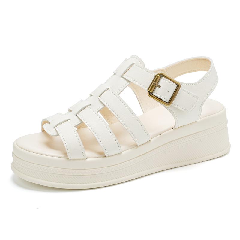 Маленькие сандалии в римском стиле с круглым носком и толстой подошвой, ретро плетение с вырезами, женская обувь в студенческом стиле с вырезами 40 бежевый