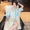 Spring and Summer New Love Striped Ice Silk Pajamas Women's Loose Fashion Shirt Skirt Short Sleeves Sweet Age Reduction Relaxation