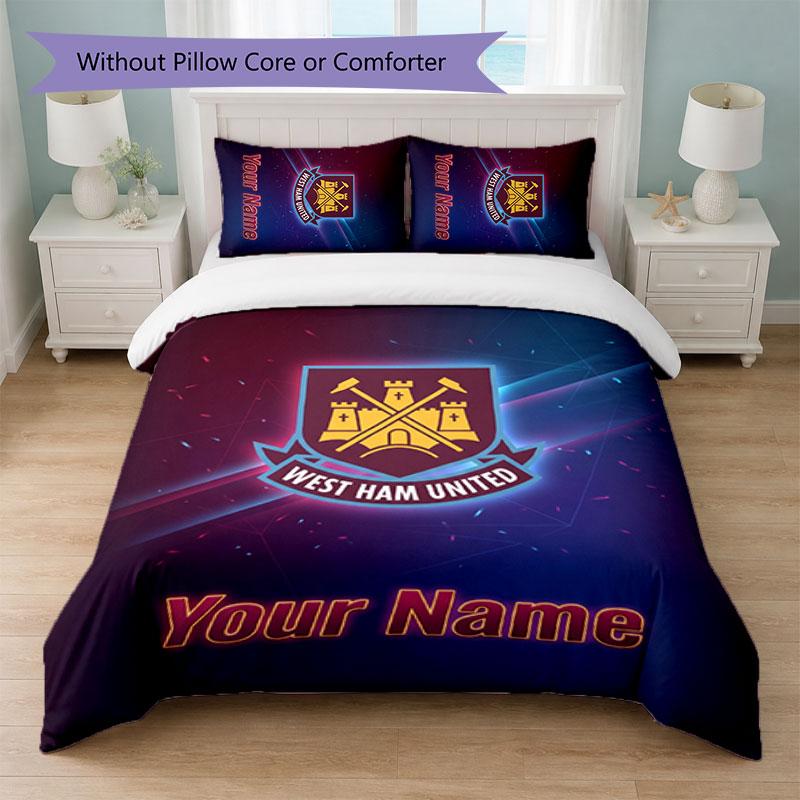 Set Biancheria da Letto Personalizzato West Ham United FC Testo Nome 1 Copripiumino+2 Federe Logo Calcio Regalo Personalizzato per Occasione Speciale Decorazione Camera da Letto