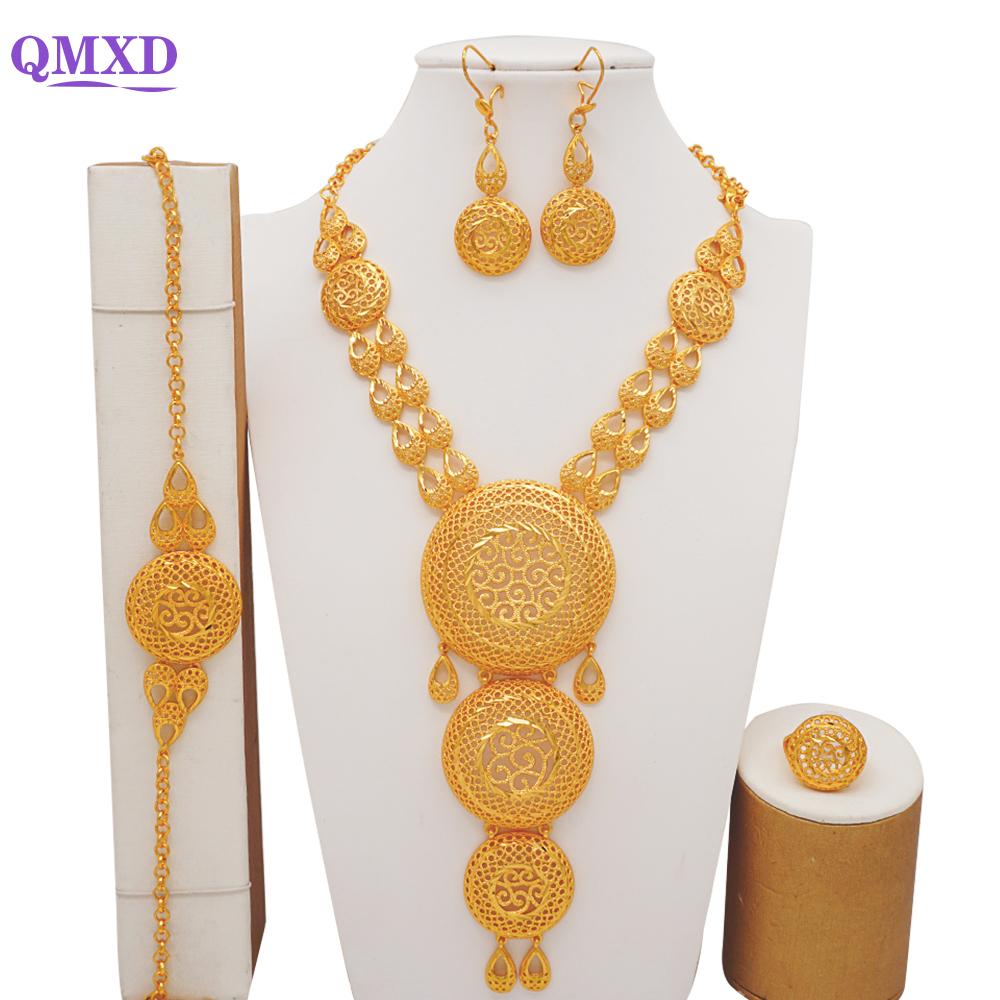 Luxury Dubai Gold Color Jewelry Sets African Bridal Wedding Flower Jewelry Sets Necklace Bracelet Earrings Ring Set Lady Gift