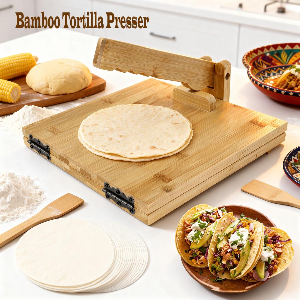 Bamboo Tortilla Presser 10 Inch Manual Square Tortilla Maker with Rolling Pin Rotatable Mexican Tortillera Dough Pressing Tool