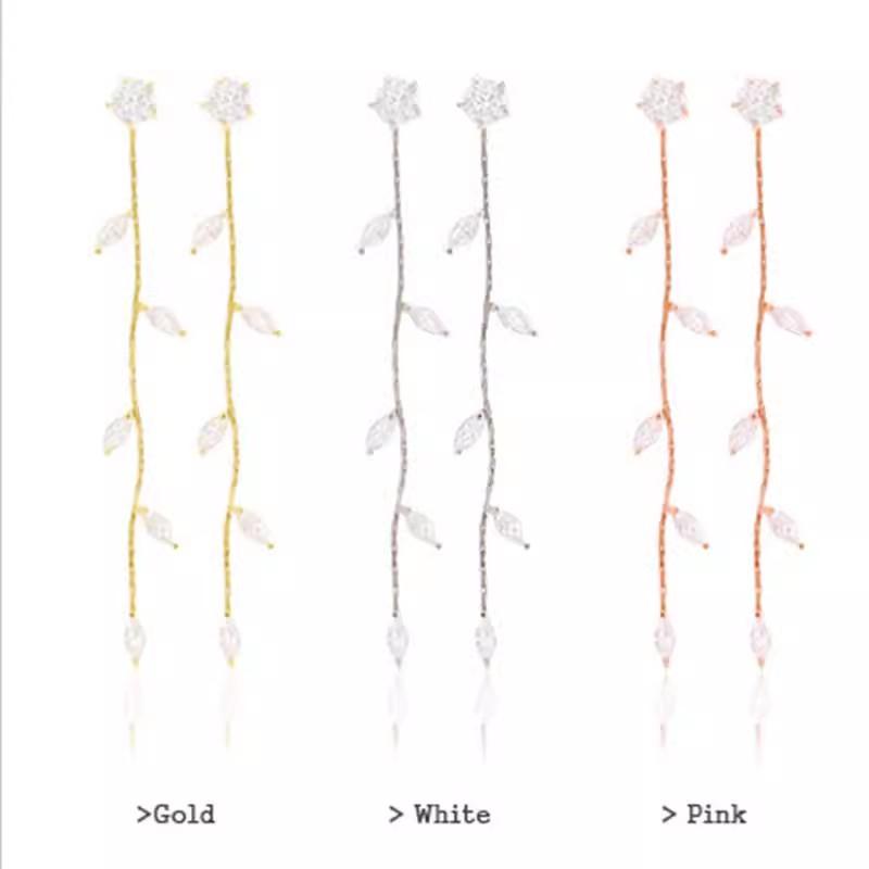 S925 Sterling Silver Earrings Korean Fashion Crystal Earrings Long Leaves Diamond Back Earrings Silver Jewelry Accessories