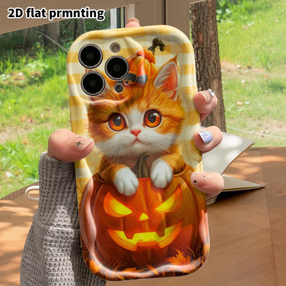 Phone Case: 2D Flat, Suitable for iPhone 18 17 16 15 14 13 12 Pro Protective Case, Phone Decoration, Orange and White Kitten, Halloween and Christmas