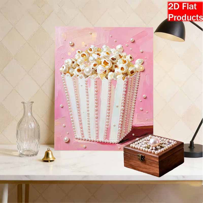 Pink Popcorn Bucket Pearl Art Painting with Frame Shiny Bead Canvas Creative Leisure Craft for Modern Wall Decor Gift Home Decoration