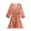 Kaslead New Women Clothes Western Style Fashion Flower Print Buckle V-neck Lantern Sleeve Short Dress