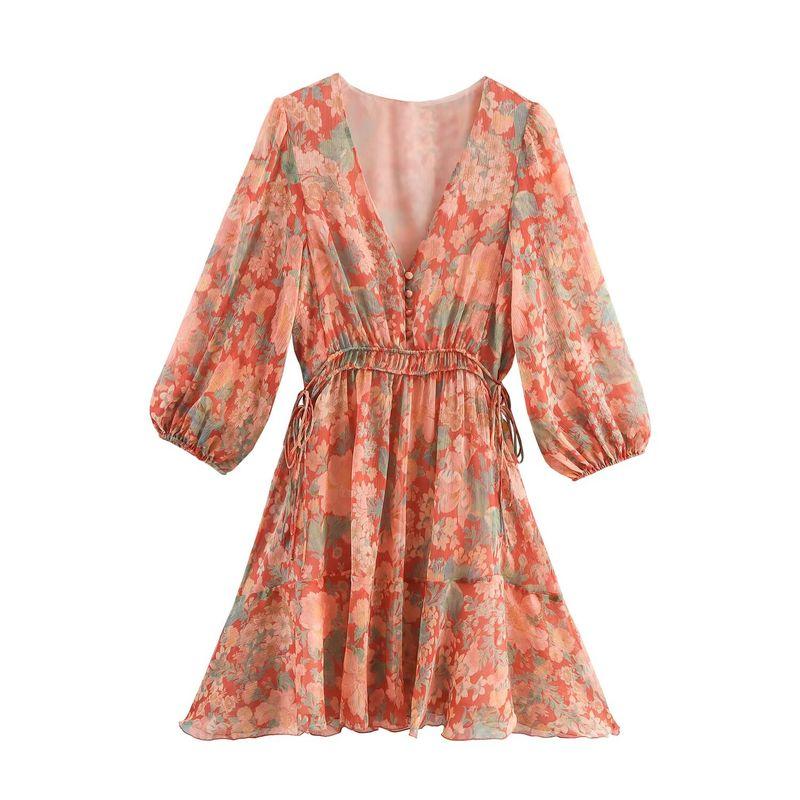 Kaslead New Women Clothes Western Style Fashion Flower Print Buckle V-neck Lantern Sleeve Short Dress
