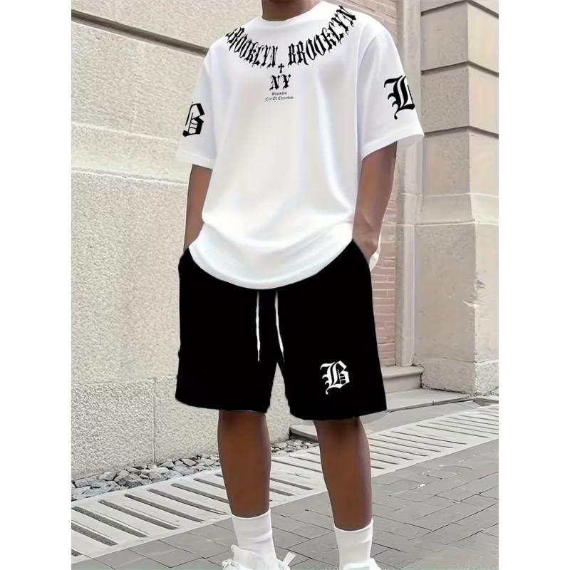 Spring/Summer New Simple And Casual Men s Short-sleeved Top And Casual Shorts, 2pcs Street Casual Men s Spring/Summer Set L
