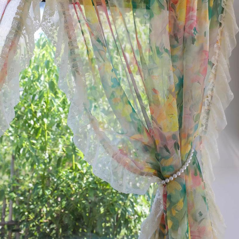 Romantic Floral Sheer Curtains for Girls Bedroom, Vintage Printed Light Filtering Privacy Semi-Sheer Sweet Ruffle Edge Curtains 2 Panels, Rod Pocket