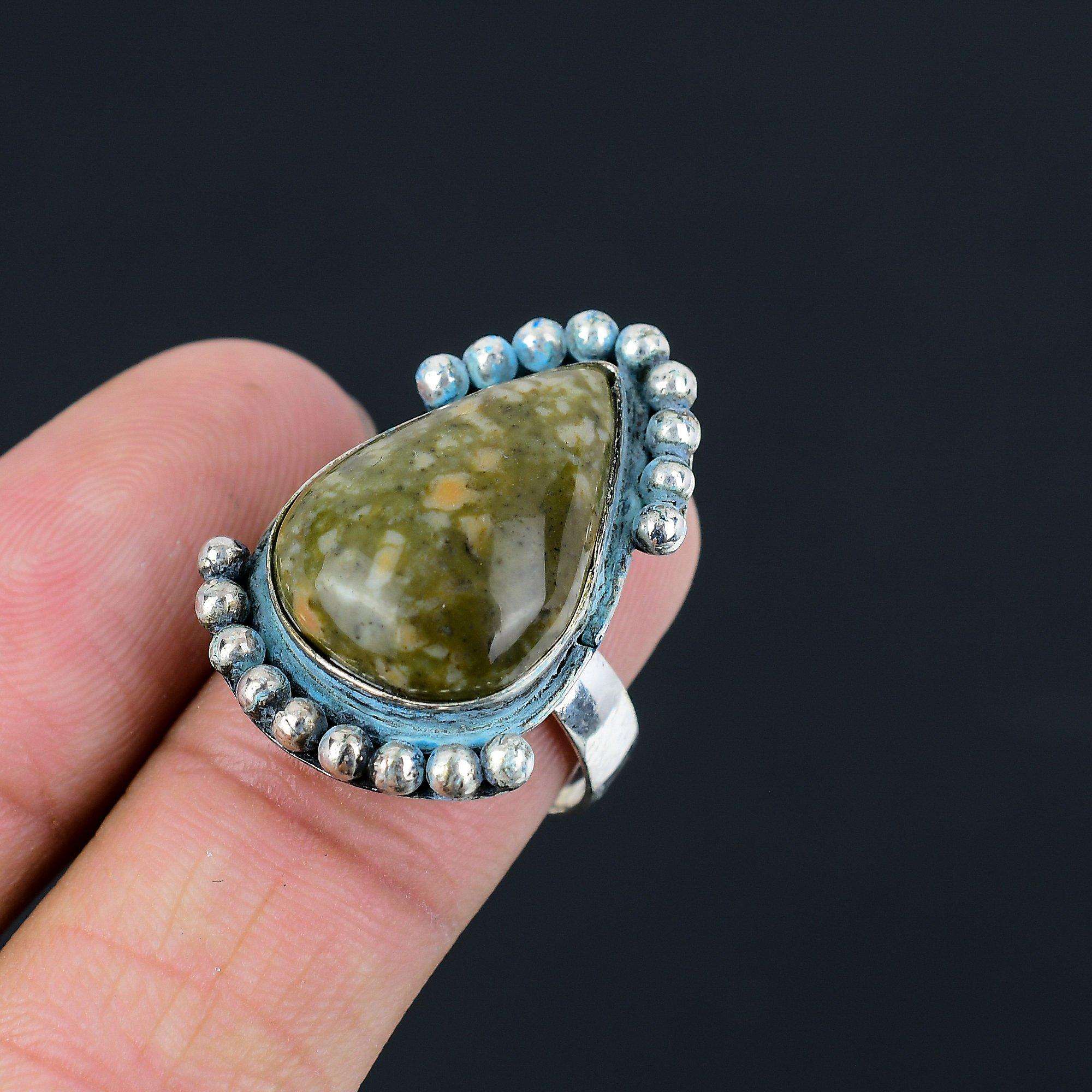 Pear Polychrome Jasper Stone Sterling Silver Solitaire Sister Boho Ring Size 8.5 8.5