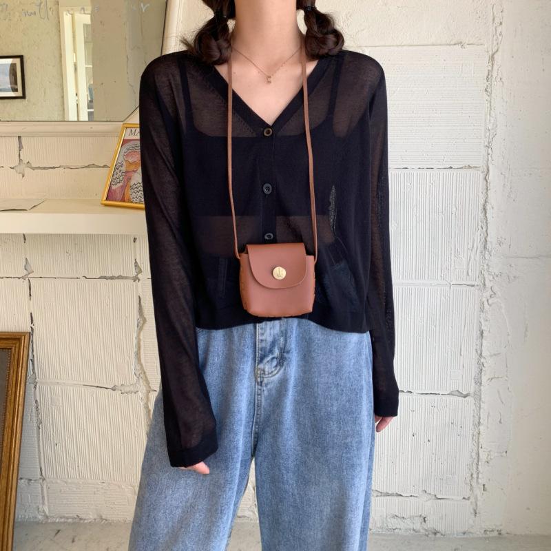 Women Summer Thin Knitted Shirt Top Cardigan V-Neck Full Sleeve Single-breasted Sunscreen Loose Solid Color