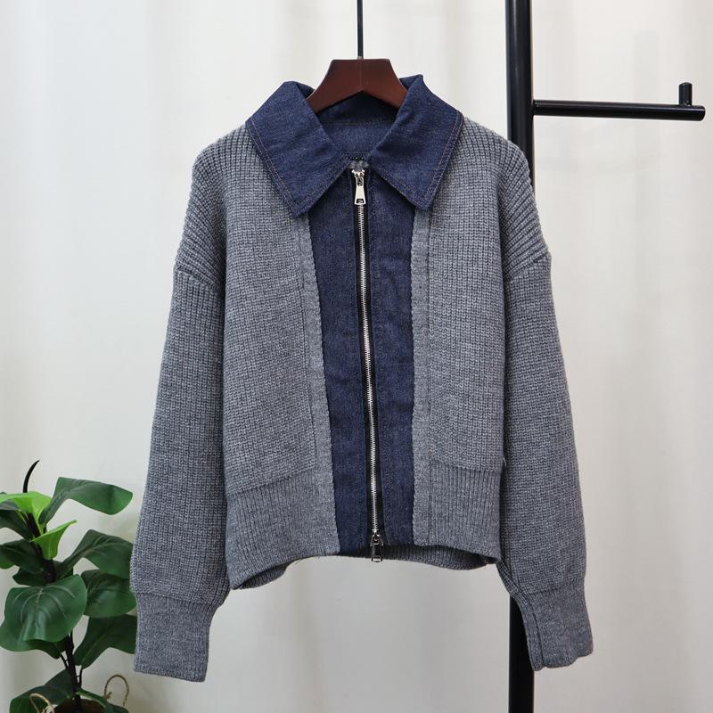 Autumn and Winter New Splicing Denim Double Zipper Knitted Cardigan Short Design Loose Sweater Jacket Women