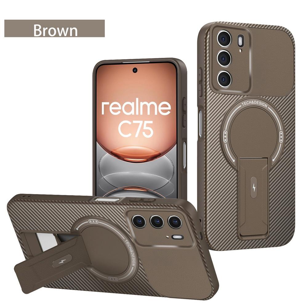 Carbon Fiber Invisible Stand Holder Built-in Magnetic Ring Case for Realme C75 Realme 14 5G Camera Protection Cover