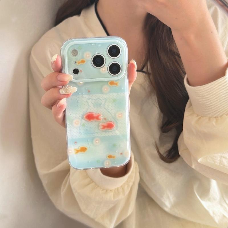 Blue Polka Dot Bubbles Goldfish 3D Case for iPhone 17 Pro Max 16 Pro 15 14 Full Cover Anti Drop Double Layer Protective Phone Cover