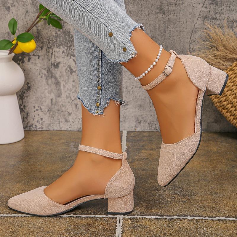 2025 Sapatos  Women Fashion Sweet White Buckle Strap Pearl Square Heel Shoes Lady Leisure Elegant Office Career Pumps