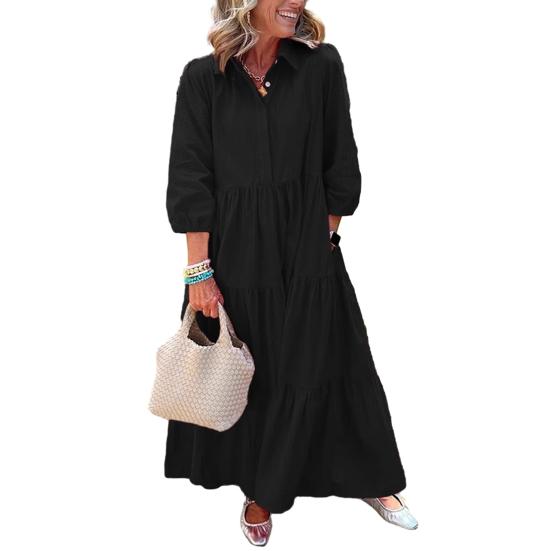 Women's 45720 Sleeve Maxi Dress Button Up Lapel Swing Dress with Pockets A-line Ruffles
