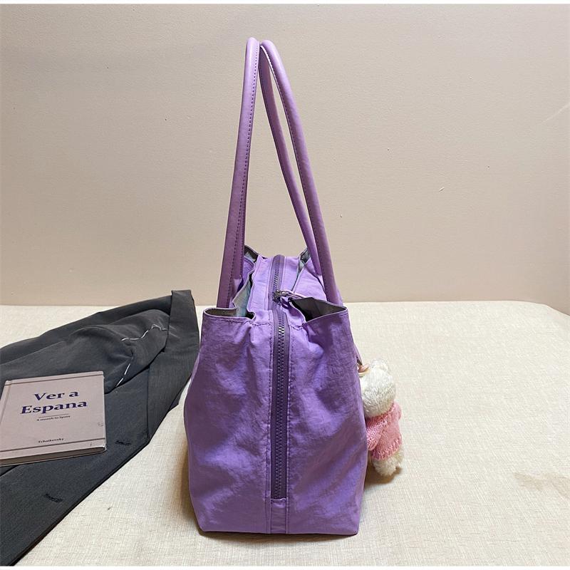 Korean Nyl Shoulder Bag, Spacious Multi-pocket Tote, Double-zip Commute Bag With Bear Pendant, Lightweight Multi-layer Shopper