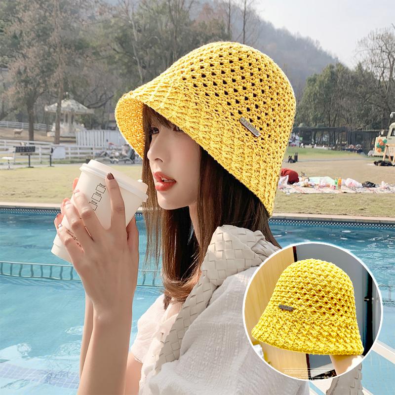 New Summer Handmade Hollow Knitted Crochet Floppy Hats Collapsible Dome Bucket Hat Solid Color Beach Caps Simple Soft Women Hat