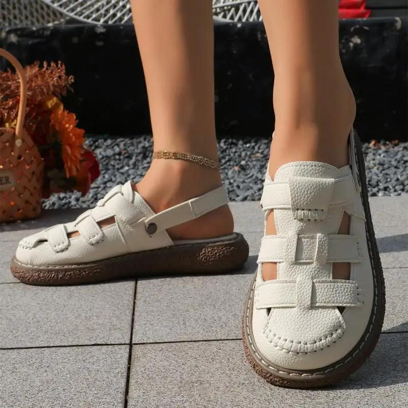 Fashion Vintage Hollow Out Back Strap Gladiator Sandals Classic Round Toe Low Heel Sandals Soft Thick Bottom Non Slip Mom's Shoes