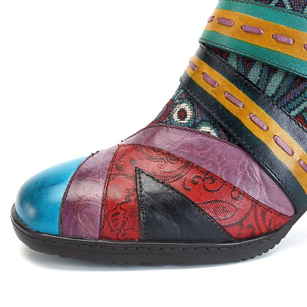 SOCOFY - Botas Vaqueras Para Mujer, Estilo Bohemio, Con Tacón De Bloque, Botas Occidentales De Cuero, Botas De Invierno De Cuero Colorido, Botas Cortas Con Cremallera Y Empalme Floral Para Caminar