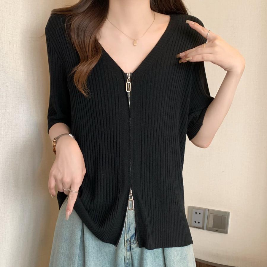 Women Sweaters Cardigans 2025 Summer Short Sleeve V-Neck Black White Knitted Sweater Women Tops Cardigan JJ128
