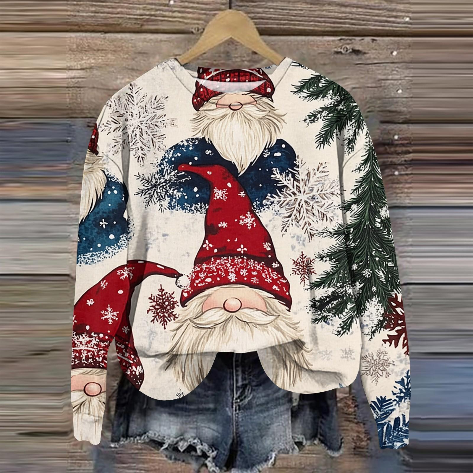 Женская мода круглый вырез пуловер длинный рукав футболка рождественский принт топ M — фото 11