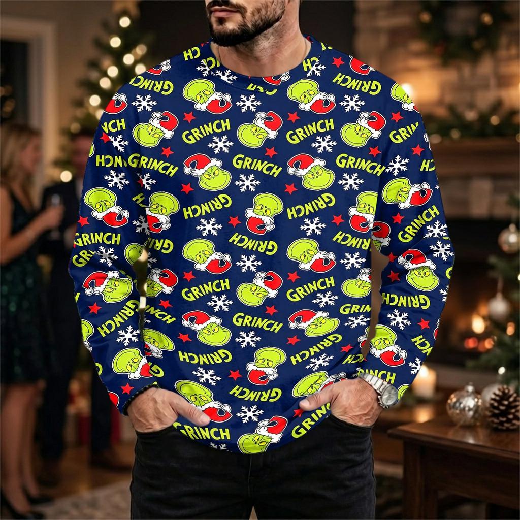 Men's Casual Loose Fit Long Sleeve Neck Tee with Christmas Print for Fall Winter