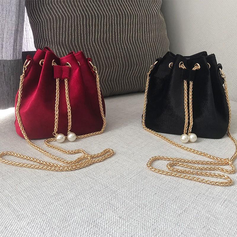 Velvet Mini Bucket Bag Women Sweet Vintage Crossbody With Pearl Chain Strap Drawstring