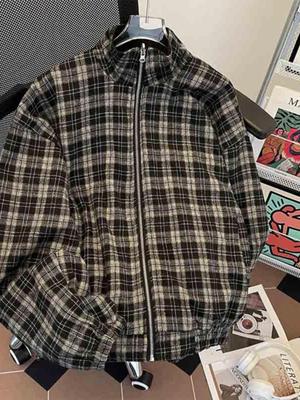 Spring and Autumn Double-sided Plaid Jacket Men's Stand-up Collar Casual Trendy Brand Ruffian Handsome American Front and Back Two Wear Retro Loose 
