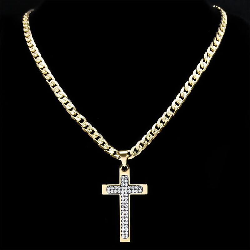 Christian Crystal Cross Pendant Necklace for Men Women Stainless Steel Gold Color Rhinestone Religion Necklaces Jewelry NZZZ493