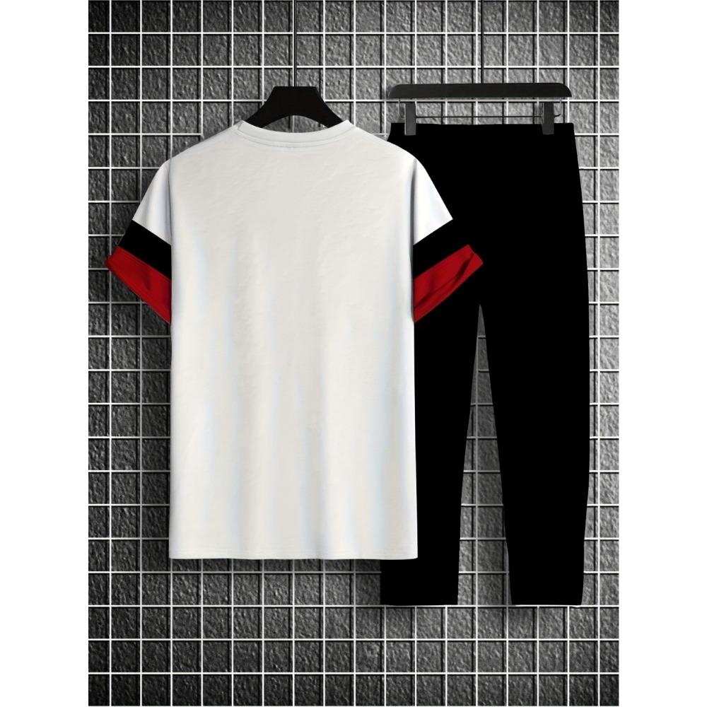 Men's Summer Striped Letter Print Refreshing and Breathable Round Neck T-shirt Pants Set Outdoor Casual Clothing