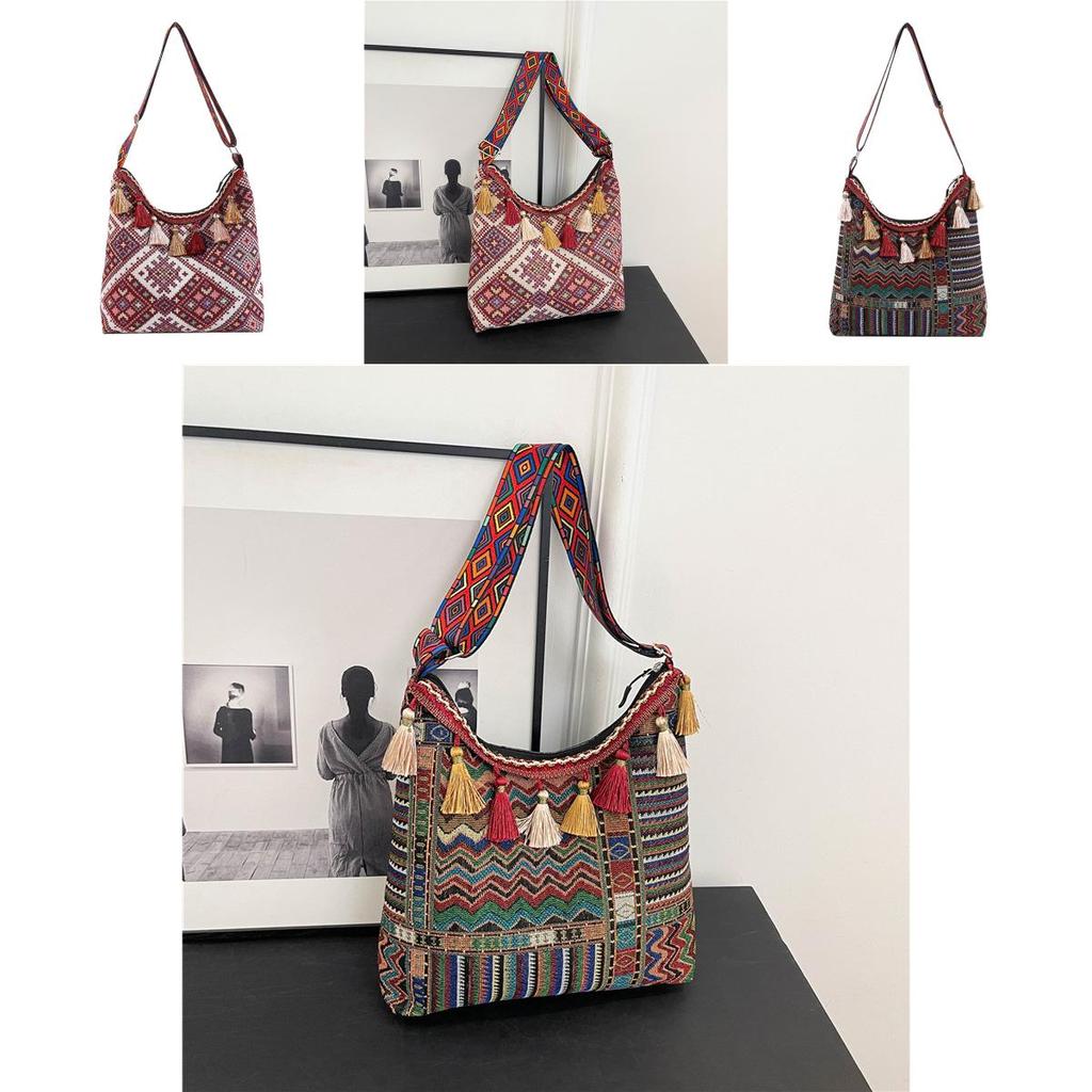 Embroidery Style Tassel Large Capacity Shoulder Bag With Zipper Closure For Daily Use