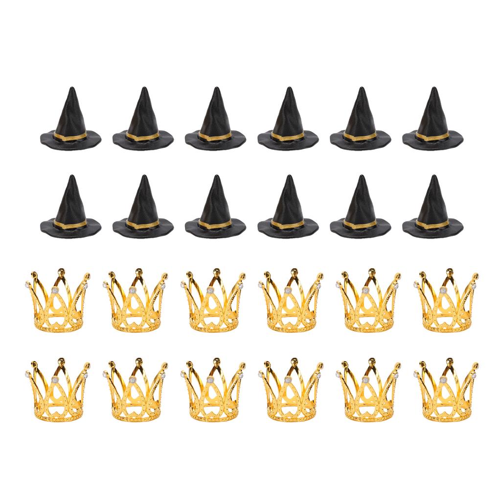 12 Set Witch Hat and Crown Cake Toppers Mini Wizard Hats Cupcake Decorations for Birthday Party Supplies Gold