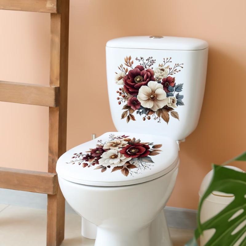 Waterproof Floral Toilet Decals Easy Clean Self Adhesive Fresh Floral Print Stickers for Home Bathroom Refresh Decor