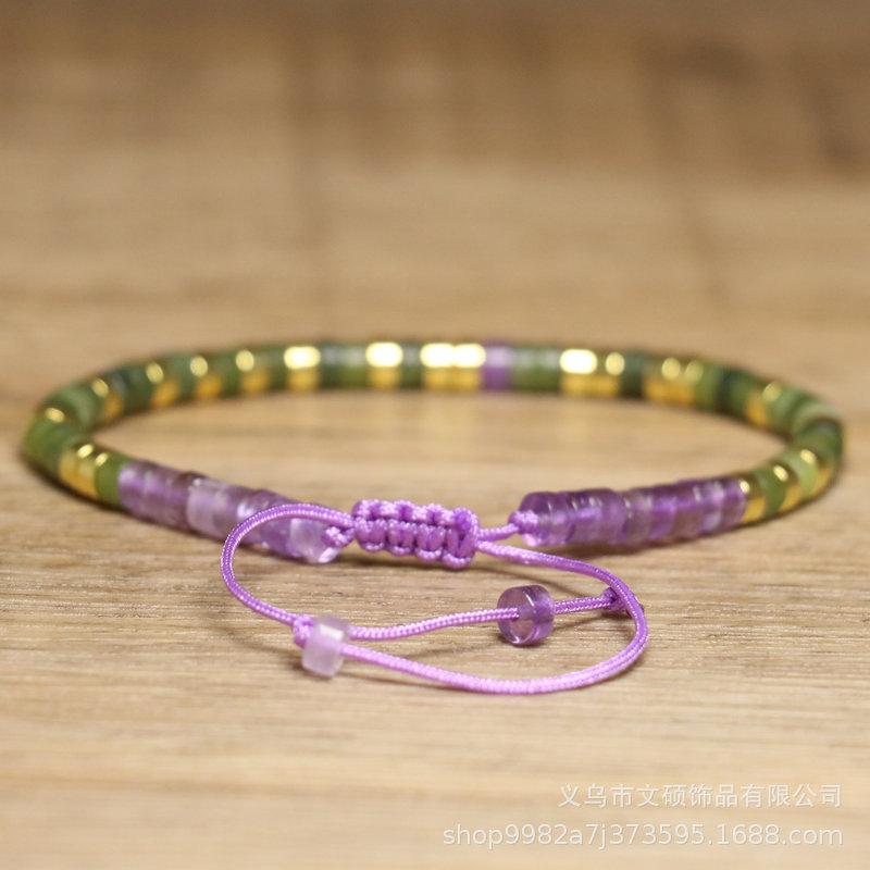 Green Aventurine Amethyst Square Bead Bracelet – Gold Accent Adjustable Boho Jewelry, Serenity Clarity Gift for Women