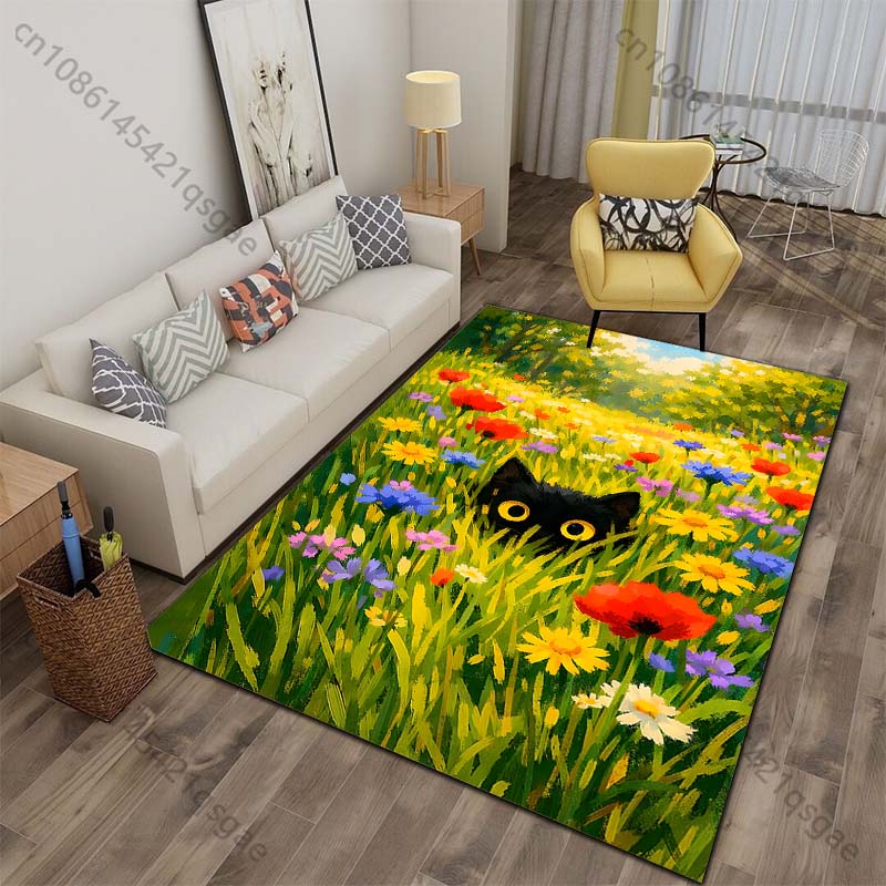 

Black cat peeking in wildflower meadow Print Carpet for Living Room Bedroom Sofa Home Decor Non-slip Mat Luxury Gift 40x60cm